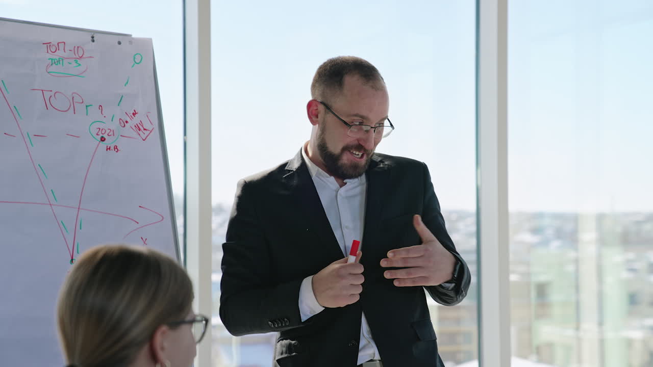 Male speaker explaining the chart beside him and gesturing actively in front of the team. Big windows and cityscape at the backdrop.