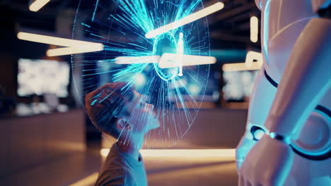 a young boy interacts with a humanoid robot and its holographic display in a futuristic lab