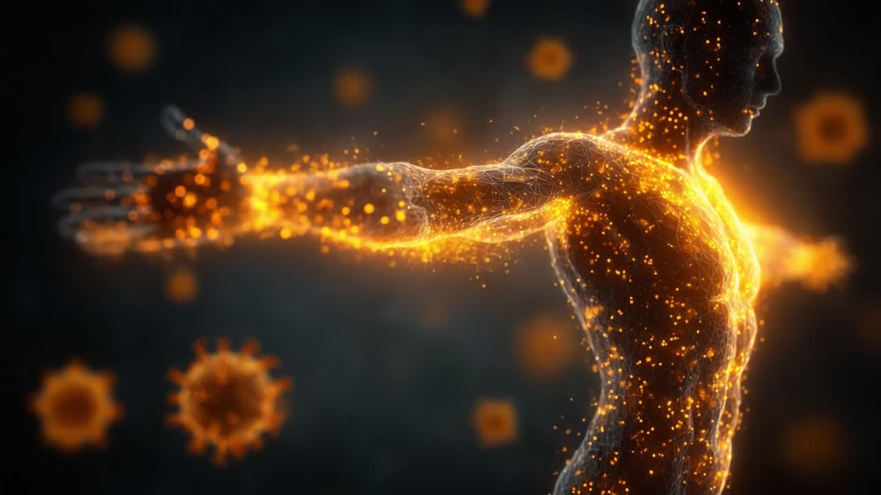 Uma Representação Visualmente Deslumbrante do Corpo Humano com Partículas de Energia Iluminadas e Microrganismos Circundantes, Destacando a Interseção entre Biologia e Arte.