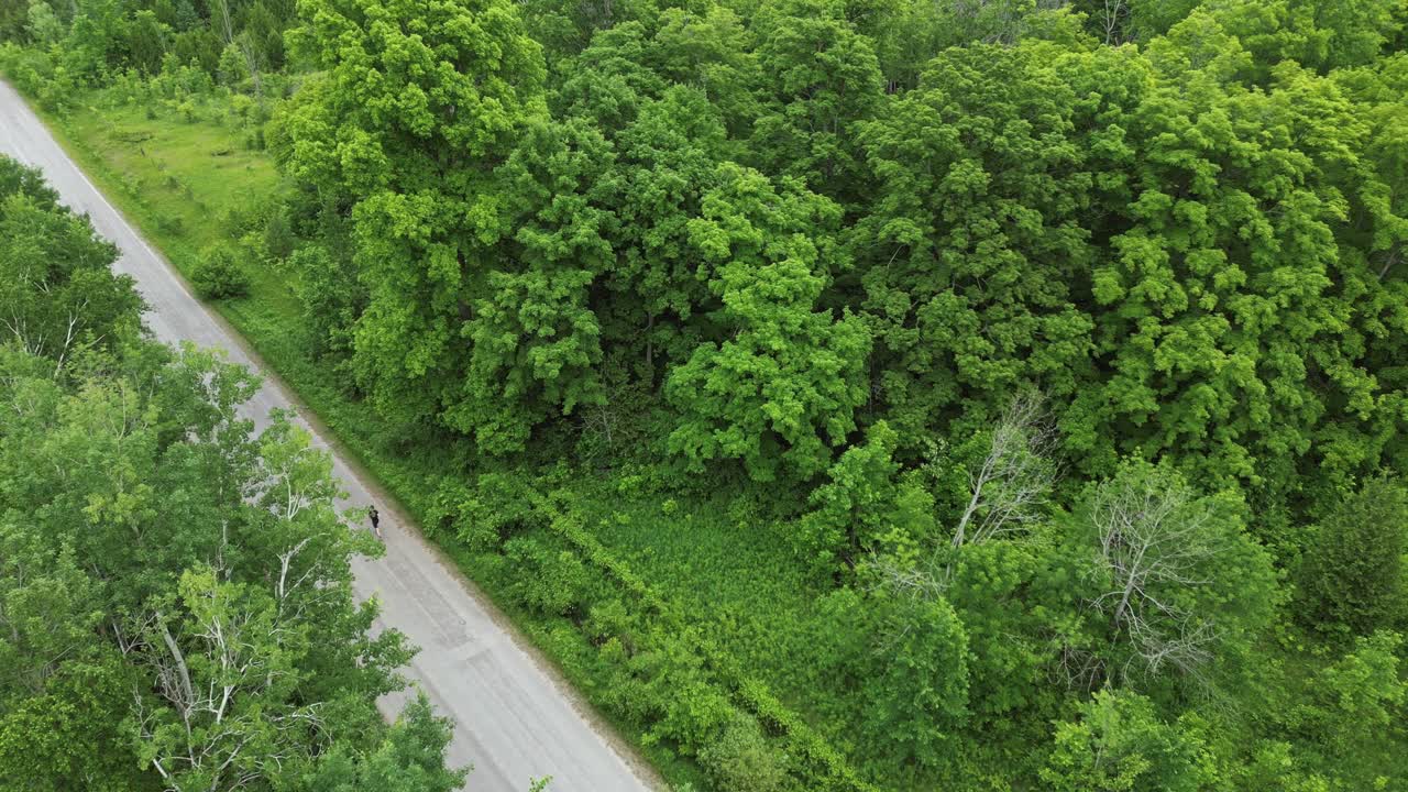 vista aérea de un hombre solitario corriendo por el camino de asfalto rodeado de una naturaleza exuberante