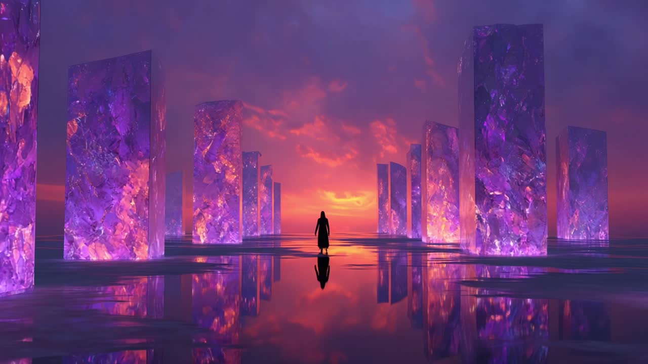 A solitary figure stands amidst towering crystalline structures, illuminated by a vibrant sunset sky, reflecting a mesmerizing blend of colors and light across the surreal landscape