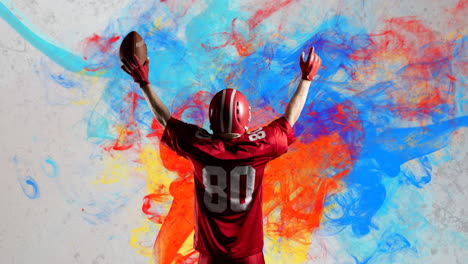 animation of american football player holding ball on abstract colourful painted background