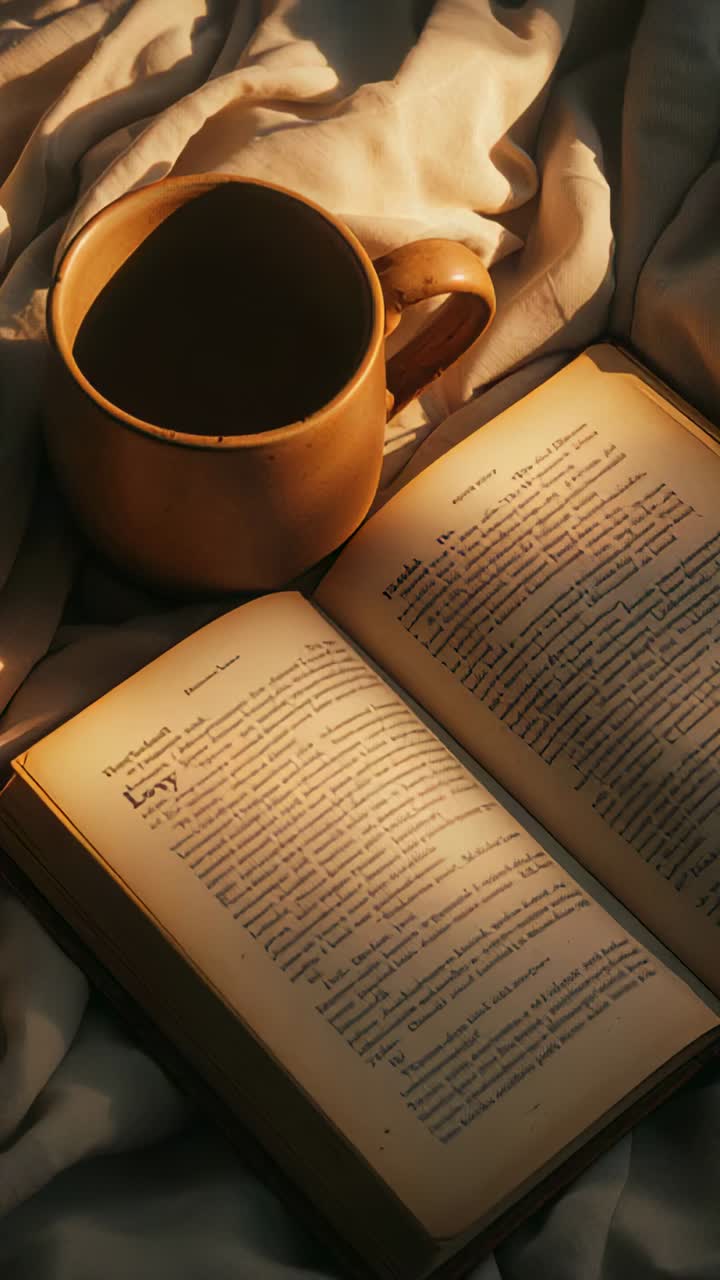 Vertical video: Shifting warm light moving over ceramic mug and open book on throw, warming pages