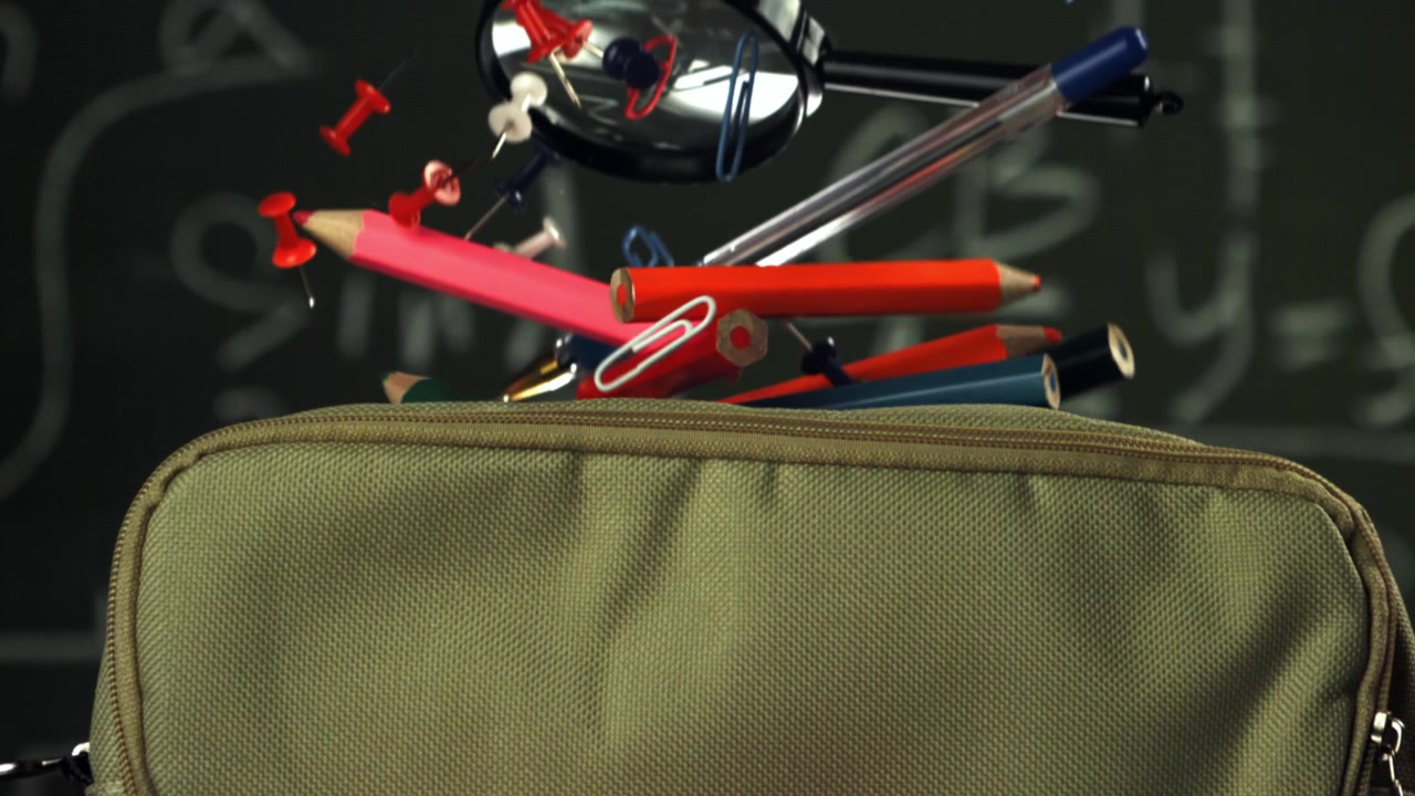 School Supplies Falling into a Pencil Case in Slow Motion