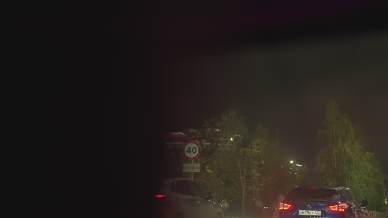 밤에 보이는 초록색 신호등 교차로, 앞 유리창을 통해 보이는 정지된 시야, 조명이 켜진 횡단보도와 멀리 보이는 미등, 도시의 고요함과 미묘한 긴장감이 느껴지는 초록불로 바뀌기 직전의 짧은 정지