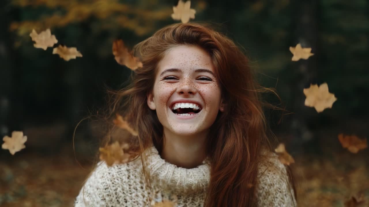 A Joyful Moment in Nature: A Young Woman Laughing and Playing with Leaves While Surrounded by Autumn Colors in a Forest Setting