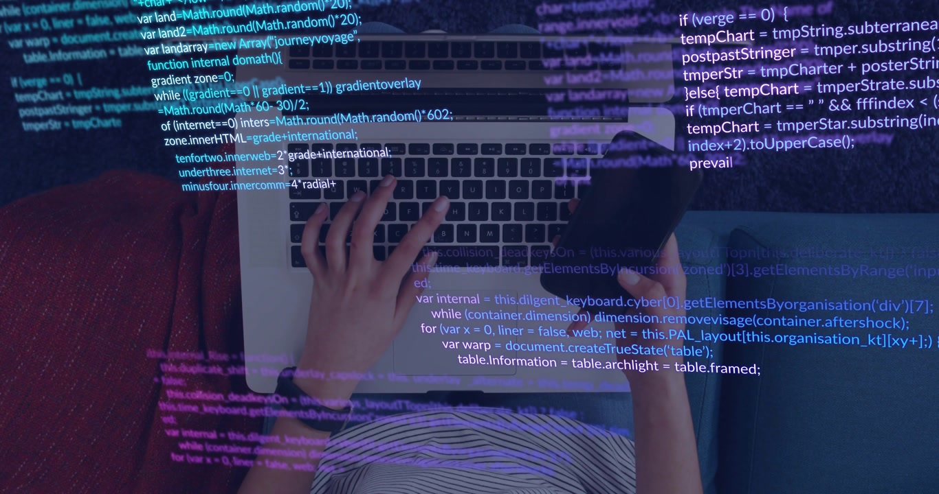 Phone lifting causing dev switching typing and checking phone while code overlay rising on laptop