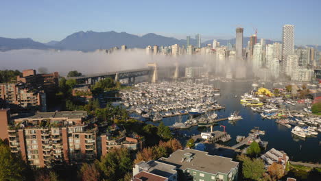 gorgeous aerial view of the burrard street bridge and false creek in downtown vancouver
