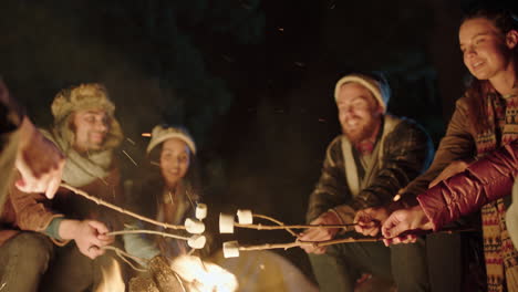 grupo de amigos sentados junto a una fogata asando malvaviscos charlando compartiendo historias acampando en el bosque por la noche disfrutando de aventuras al aire libre