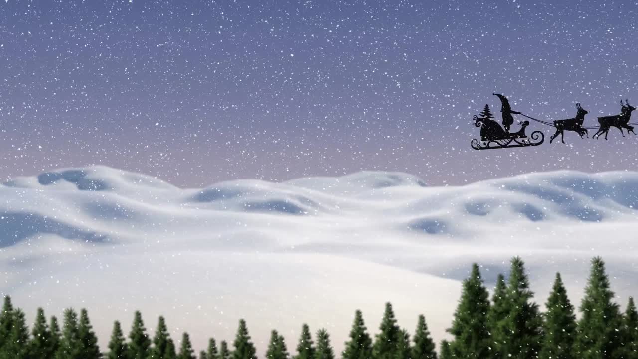 animación de santa montando trineo sobre un paisaje cubierto de nieve durante la nevada