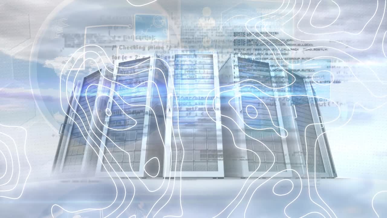 Animation of isohypses, data processing and servers over clouds