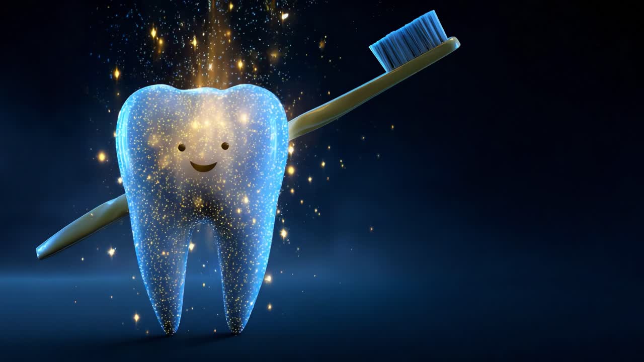 A whimsical animated tooth character joyfully holds a vibrant toothbrush, radiating stars and sparkles in a magical display underscoring the importance of dental hygiene and care