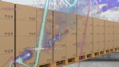 animation of statistics processing over cardboard boxes on conveyor belt