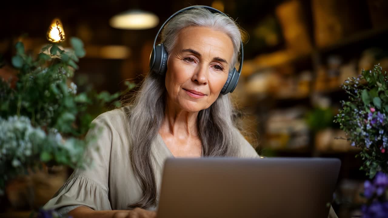 Ældre kvinde med høretelefoner, der bruger bærbar computer