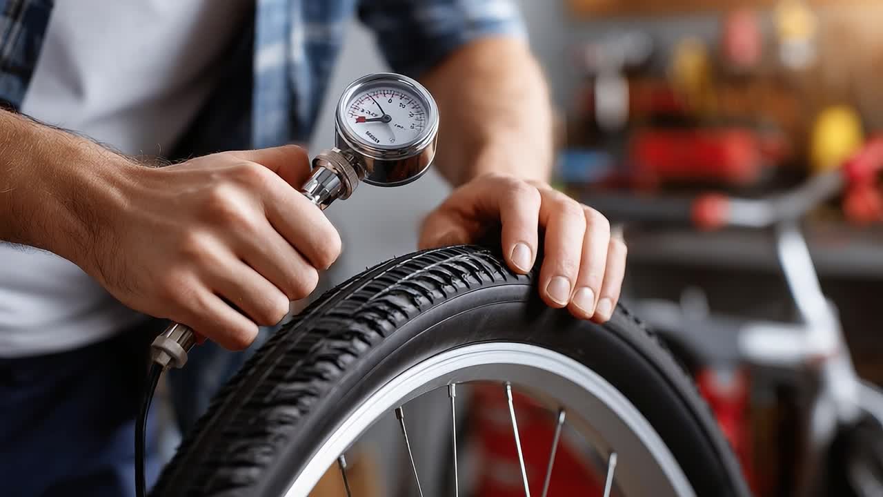 A Person Using a Tire Pressure Gauge to Measure Air Pressure in a Bicycle Tire, Ensuring Proper Inflation for Optimal Performance and Safety