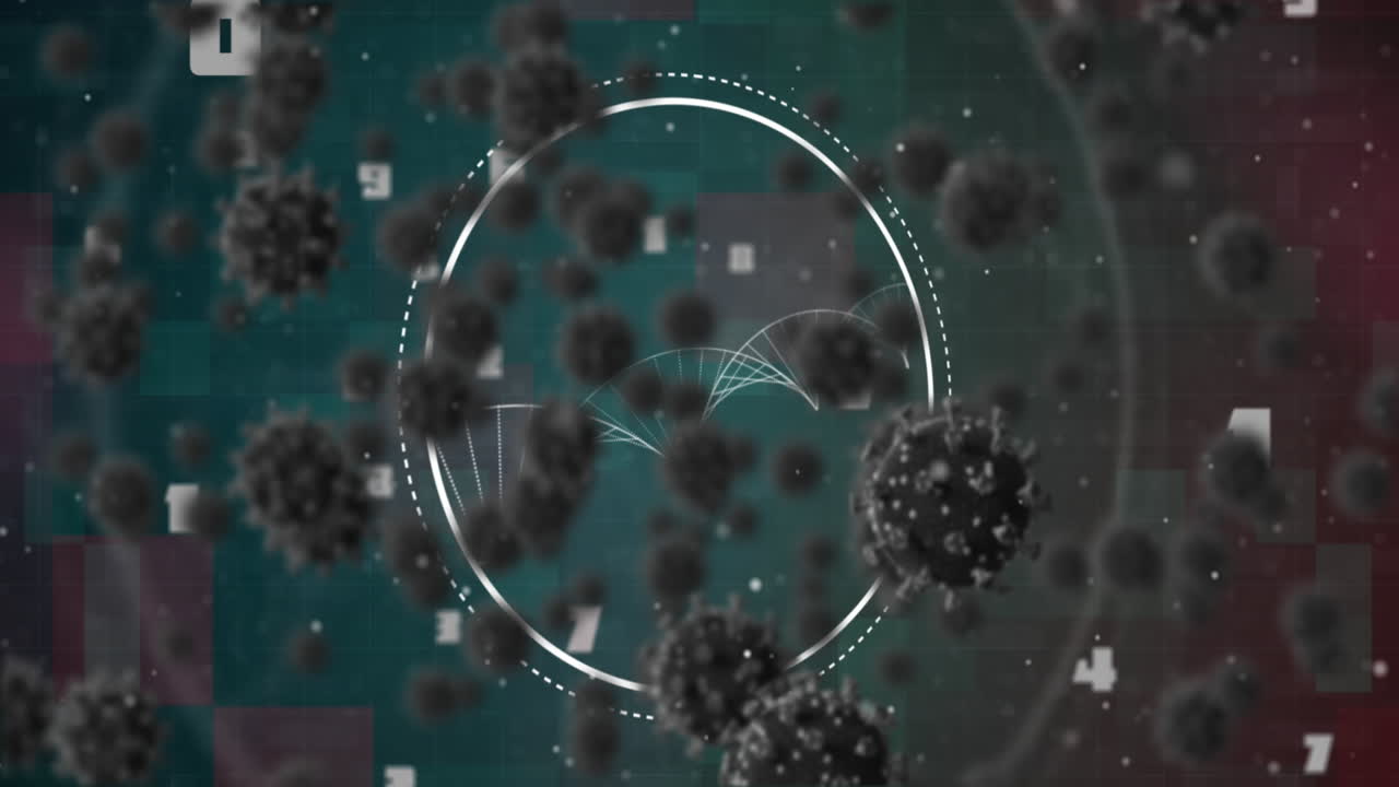 células de covid-19 y múltiples números cambiantes sobre la estructura del adn girando sobre un fondo verde