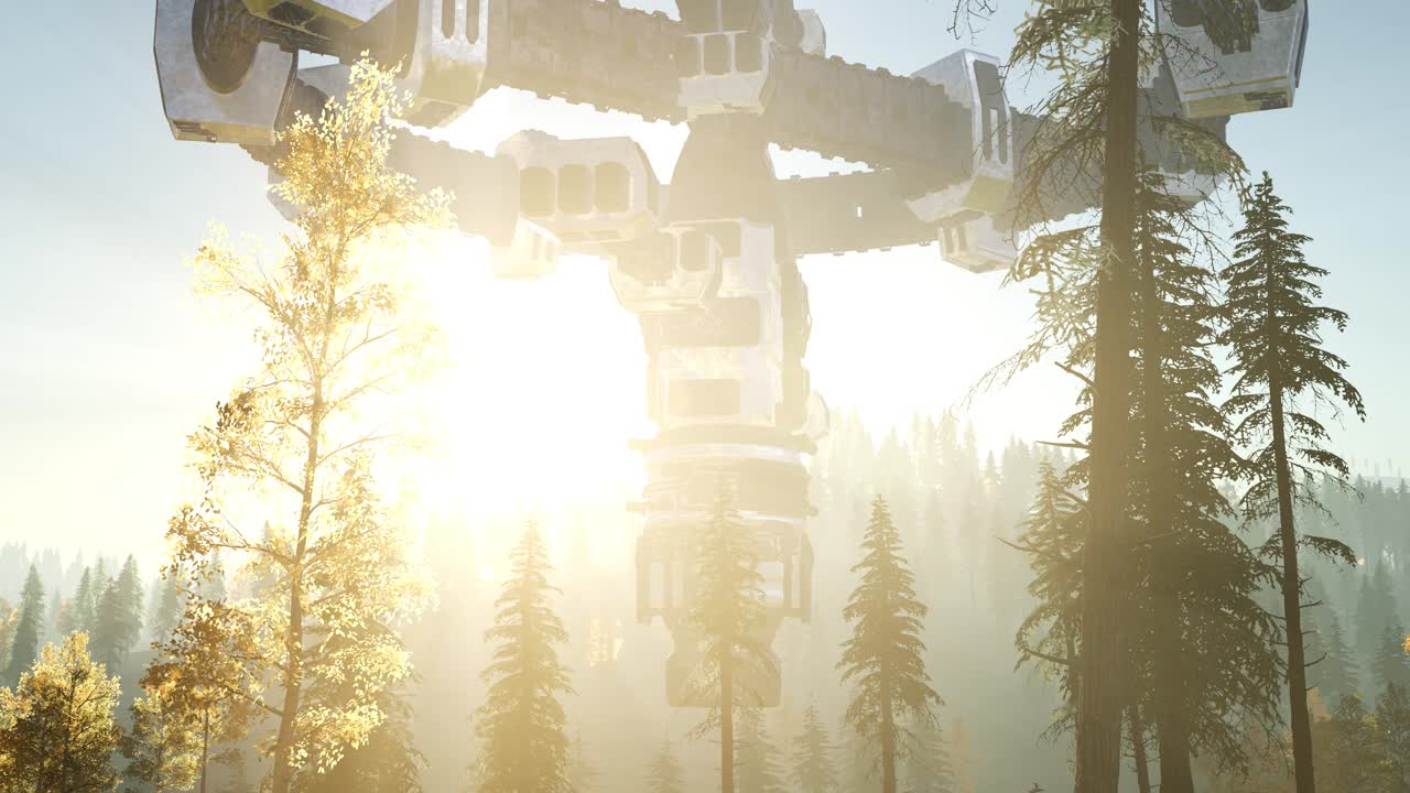 해가 지면서 숲 위를 떠다니는 ufo와 함께 빛의  ⁇