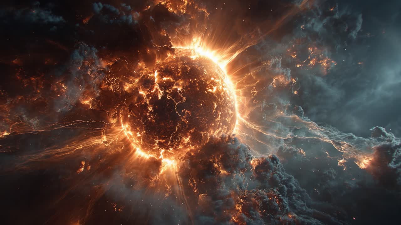 Espectacular erupción cósmica: Una impresionante visualización de un cuerpo celeste rodeado de intensas llamas y nubes turbulentas capturada en una dramática escena espacial.