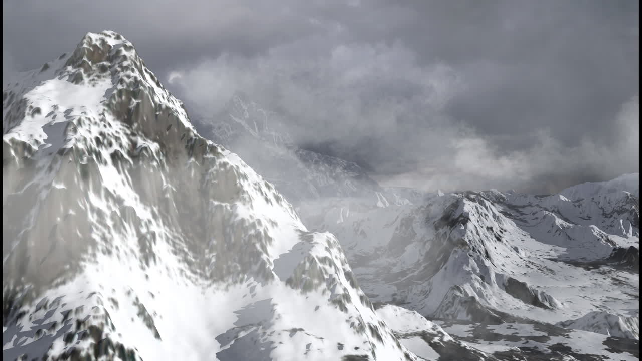 폭풍우 하늘 아래 눈 인 산맥
