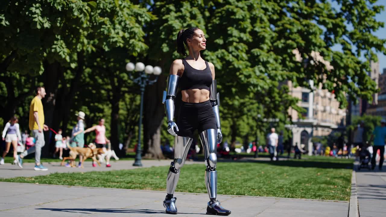 Woman with Bionic Limbs Walking in a Park