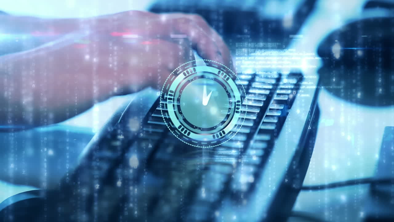 Animation of clock moving fast with data processing and person typing