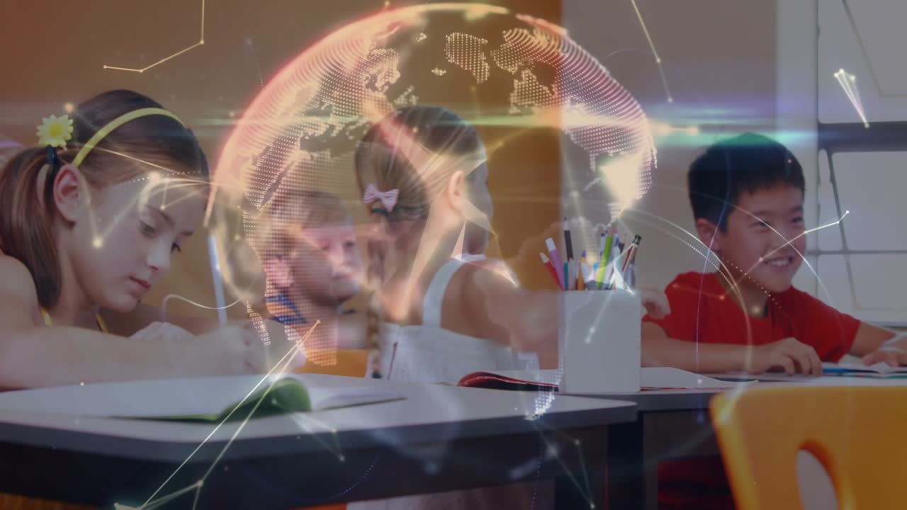 中央の少女が笑顔で男の子に寄り添うと、学校の仲間たちを繋ぐ回転する地球のネットラインが現れる。