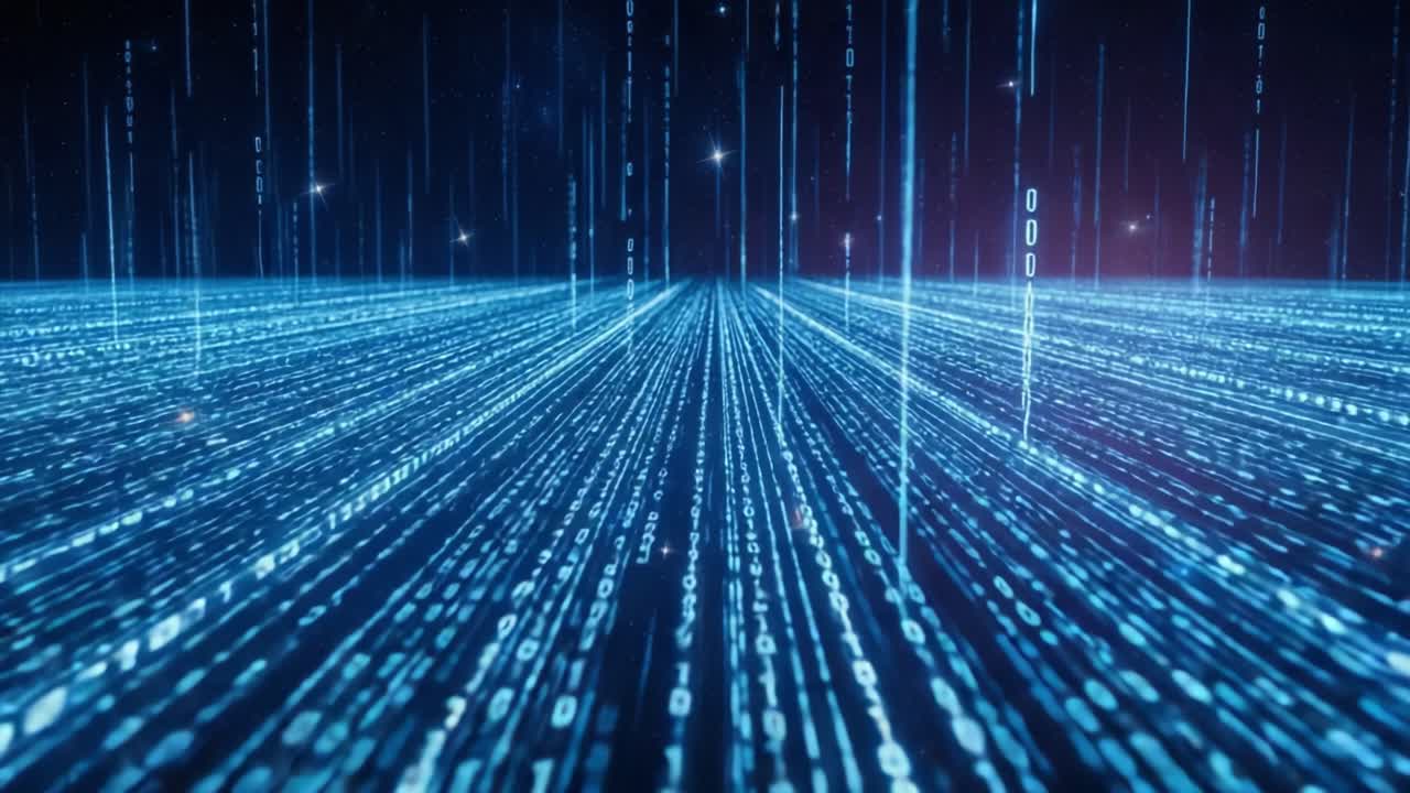A Mesmerizing Visual of Digital Data Flowing Across a Futuristic Landscape, Featuring Streams of Binary Code Against an Infinite Cybernetic Horizon