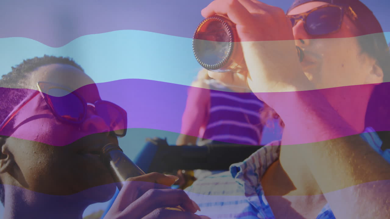 Enjoying drinks and music, people with colorful animation overlay at party