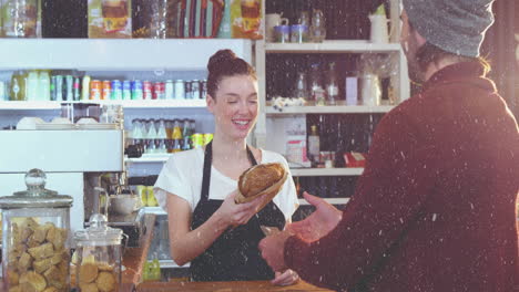 handing fresh bread, barista serving customer in cozy bakery with animation