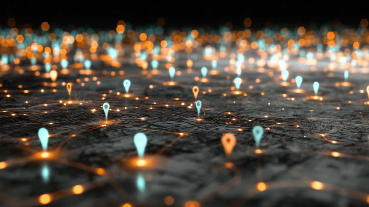 Illuminated Map Network with Geolocation Pins in a Dynamic Digital Landscape Showcasing Connectivity and Mapping Technology in a High-Tech Environment