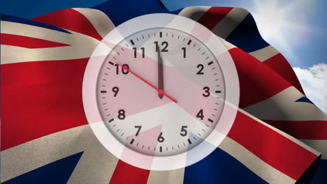 digital clock against a european and british flag