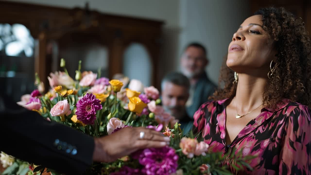 Mani eleganti posizionano fiori vivaci su una superficie lucida. Una donna osserva con emozione silenziosa, gli occhi dolcemente chiusi. Una luce soffusa evidenzia una composizione floreale colorata.