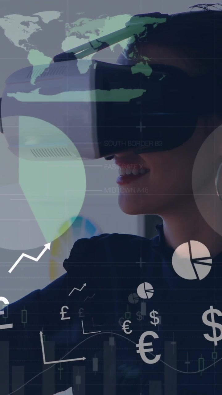 Animation of financial data processing over woman wearing vr headset