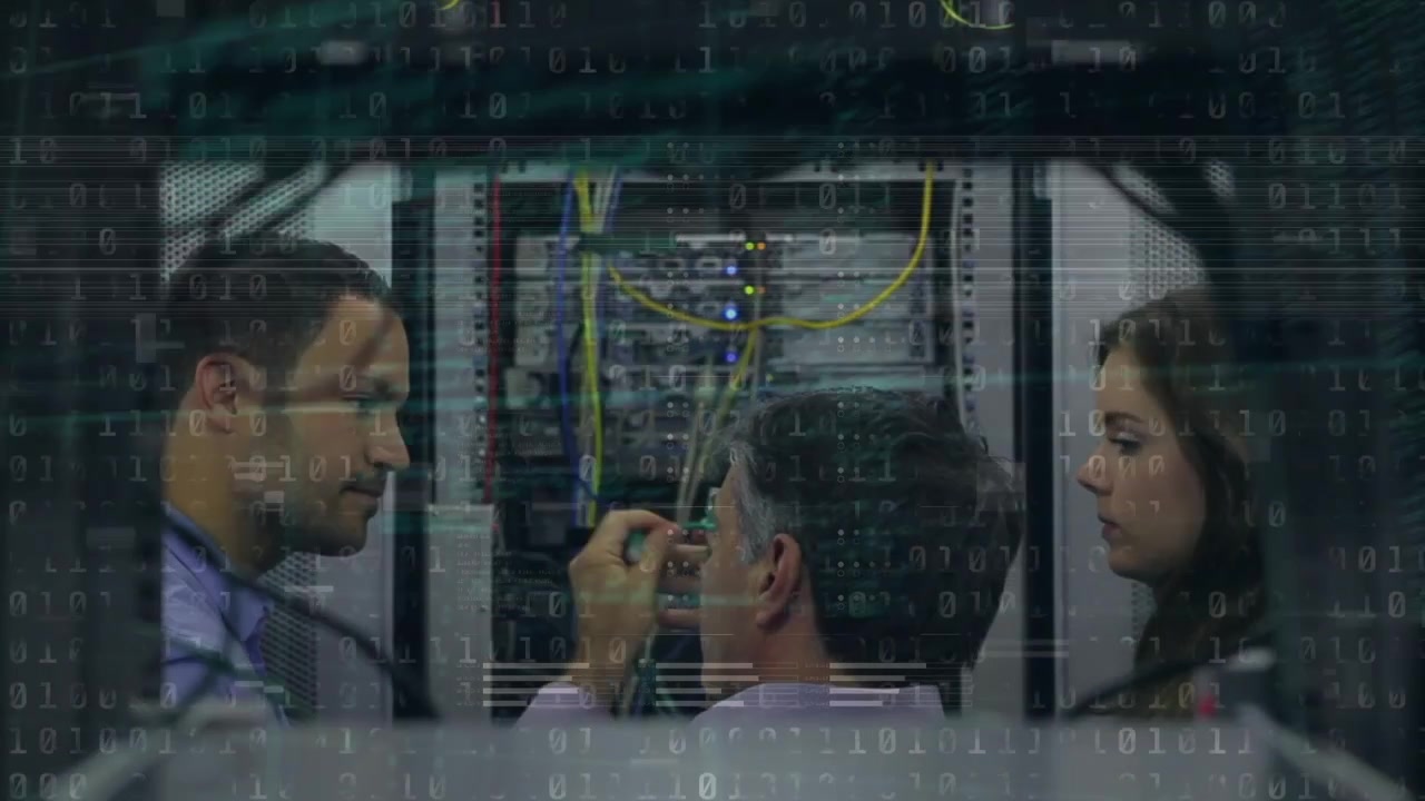 Animation of data processing over diverse business people in server room