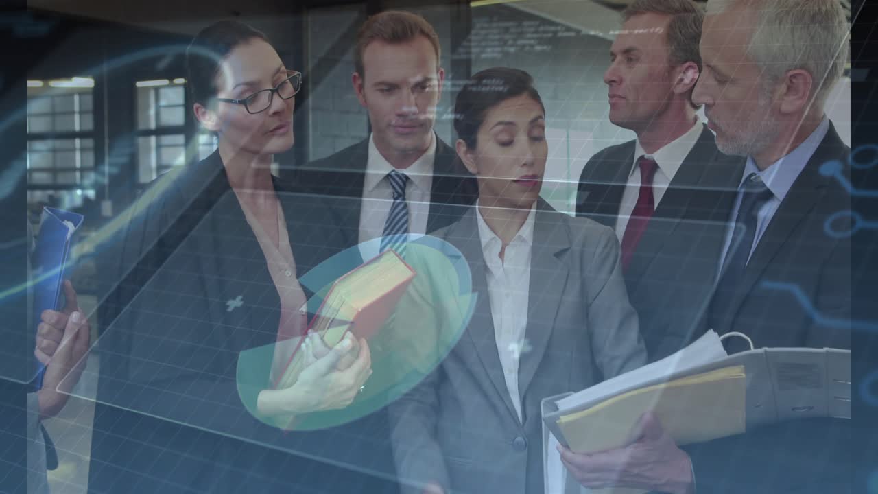 Business team reviewing docs woman speaking pointing senior man presenting charts guiding decision