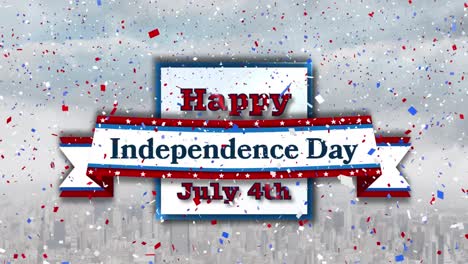 animation of happy fourth of july independence day text over confetti and cityscape