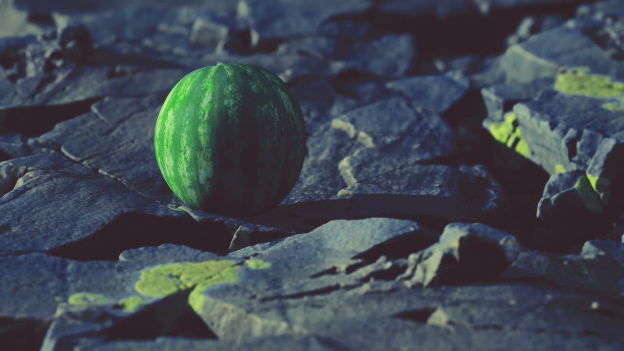 Unique watermelon resting on rocky surface during twilight hours