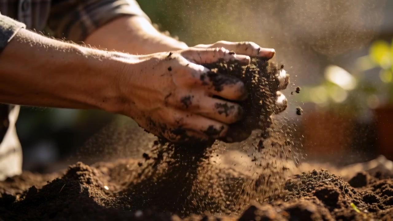 Battendo le mani sporche che sollevano polvere, livellando e rompendo il terreno nell'aiuola, con le maniche a quadri arrotolate.