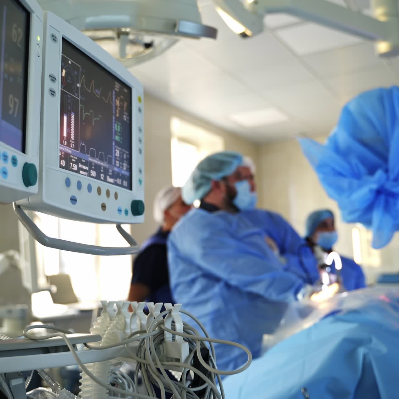 Sala operatoria con moderne attrezzature mediche. Monitor che mostrano il battito cardiaco di un paziente sullo sfondo di chirurghi che eseguono un'operazione.