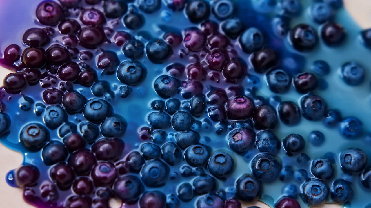 Primo piano di mirtilli immersi in succo vibrante blu-violaceo, frutti lucidi e maturi sparsi su una superficie chiara