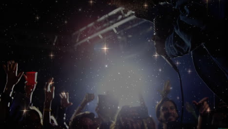 performer holding microphone and fans raising phones in music industry, with animated sound waves