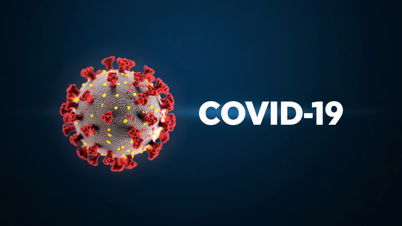 Starting 3D SARS-CoV-2 rotating in digital scene showing spike proteins, COVID-19 text, copy space