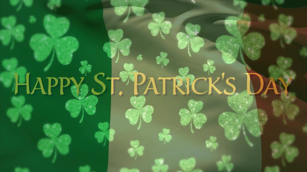 On play, tricolor flag waving, shamrocks drifting, gold greeting shining, marking St Patrick's Day