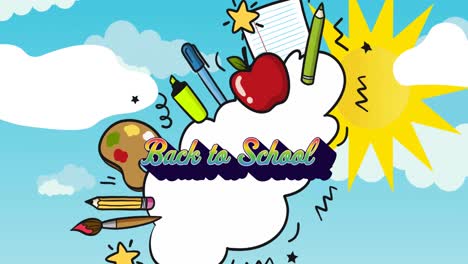 Animation-of-back-to-school-text-in-rainbow-letters-over-school-accessories,-sun-with-clouds-on-sky