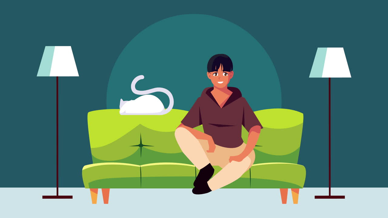 거실에 있는 남자 집에 머물 캠페인 애니메이션