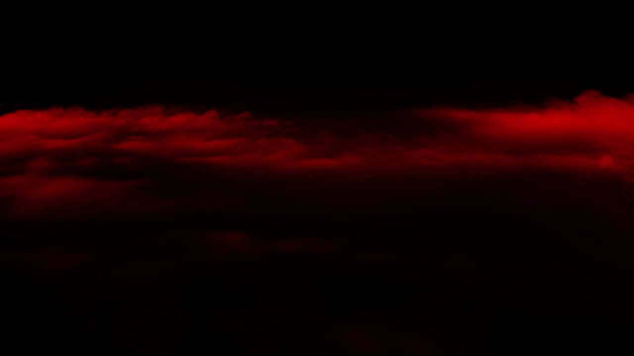 Cinematic flight over thick, rolling red clouds or fog on black background, ominous landscape for horror, fantasy, or dramatic scenes