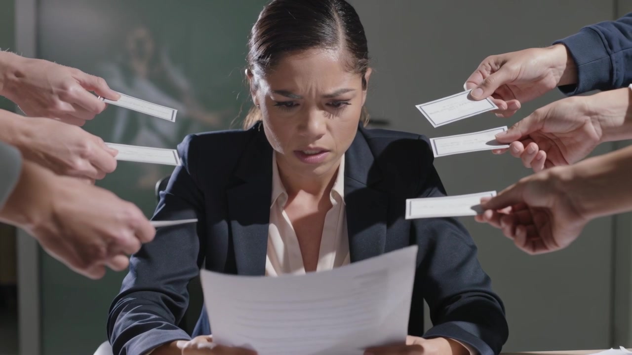 Mulher lendo, usando blazer azul-marinho, segurando papel amassado em uma mesa de escritório, com as mãos cheias de papéis.