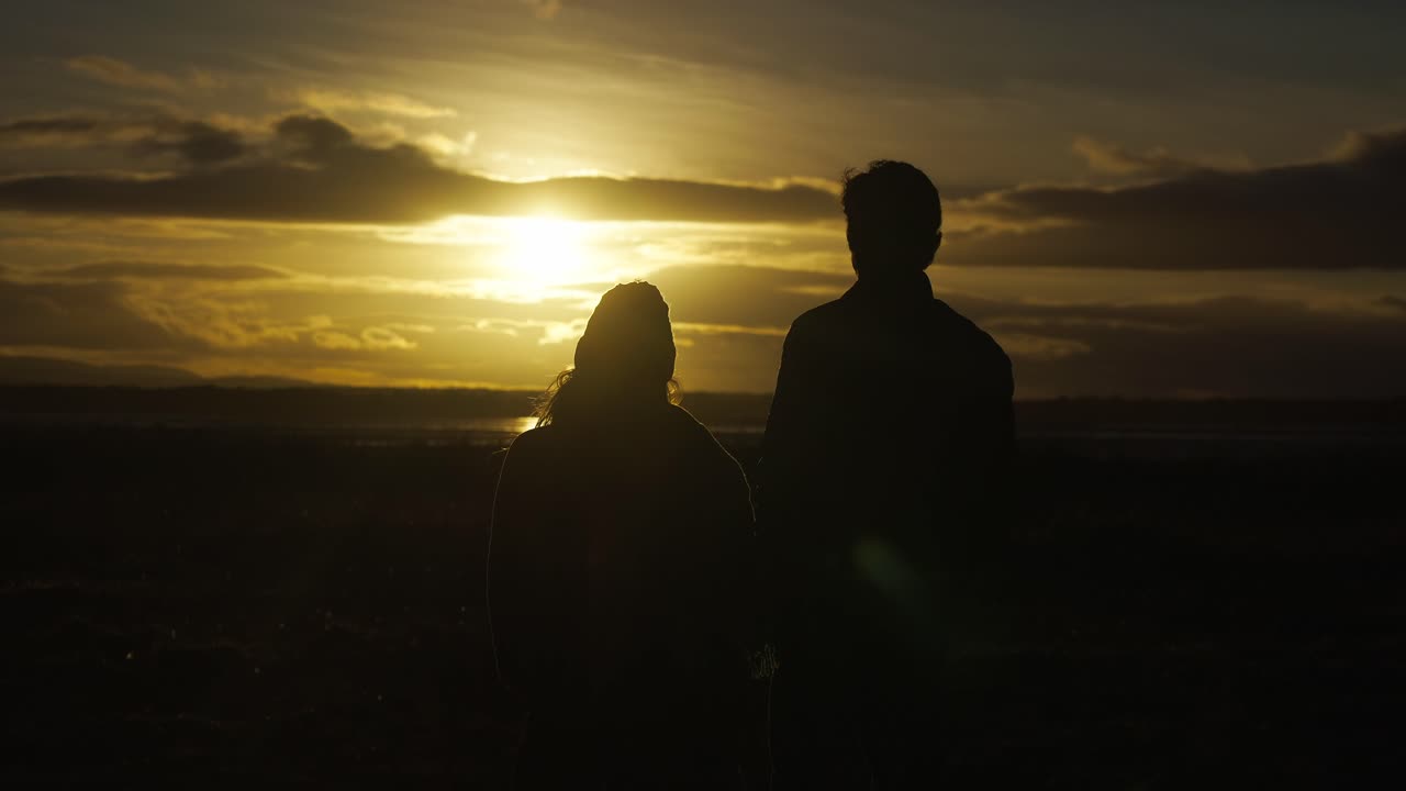 silueta de pareja enamorada admirando la hermosa puesta de sol junto al mar, elevándose sobre la hierba