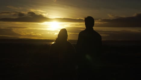 silhouetted couple in love admiring beautiful sunset by sea, rising above grass