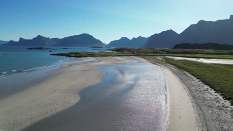 Sandy-Beach-Lagoon-in-Fredvang,-Lofoten-Islands,-Norway---4k-Aerial